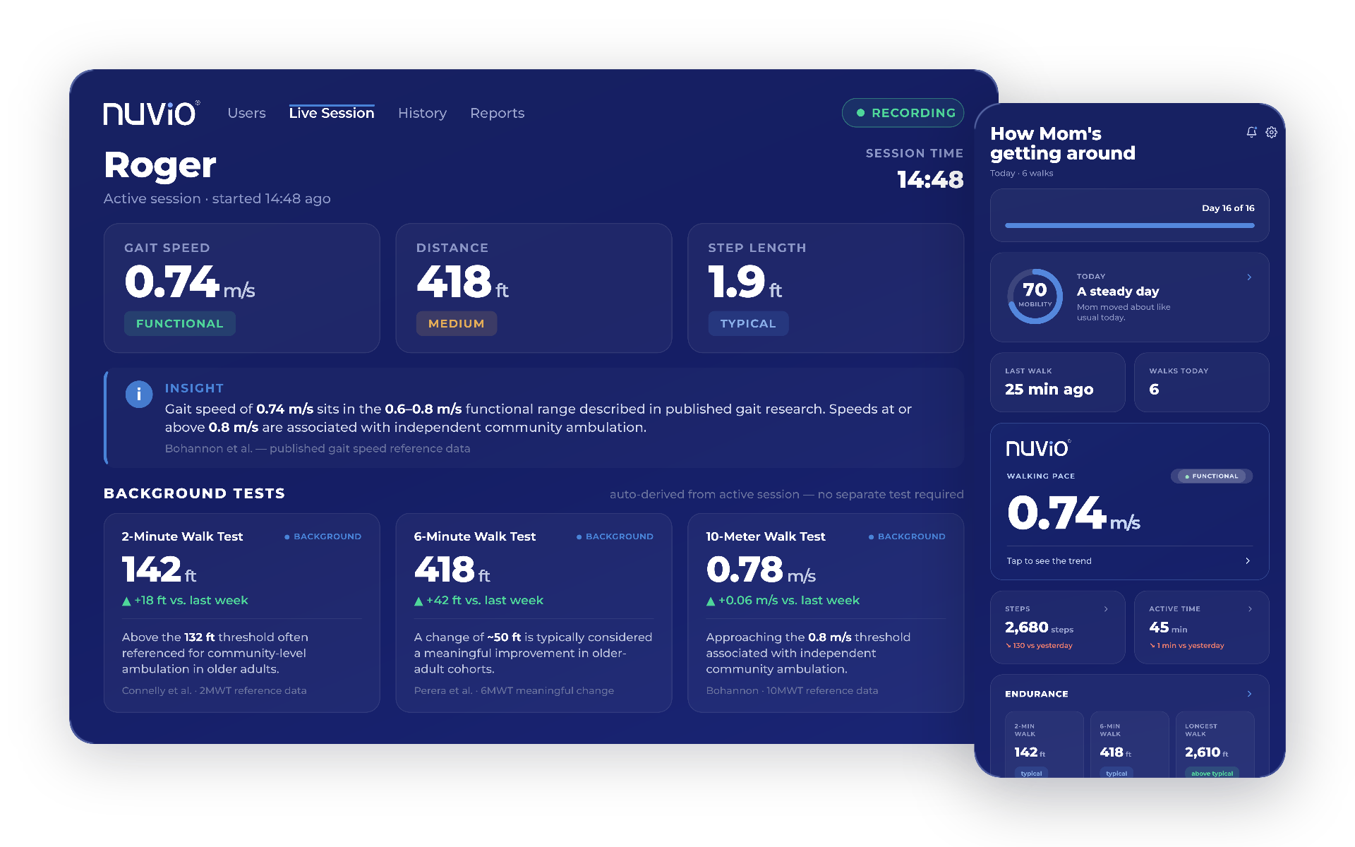 Nuvio platform showing the clinician dashboard and Nuvio Connect app side by side