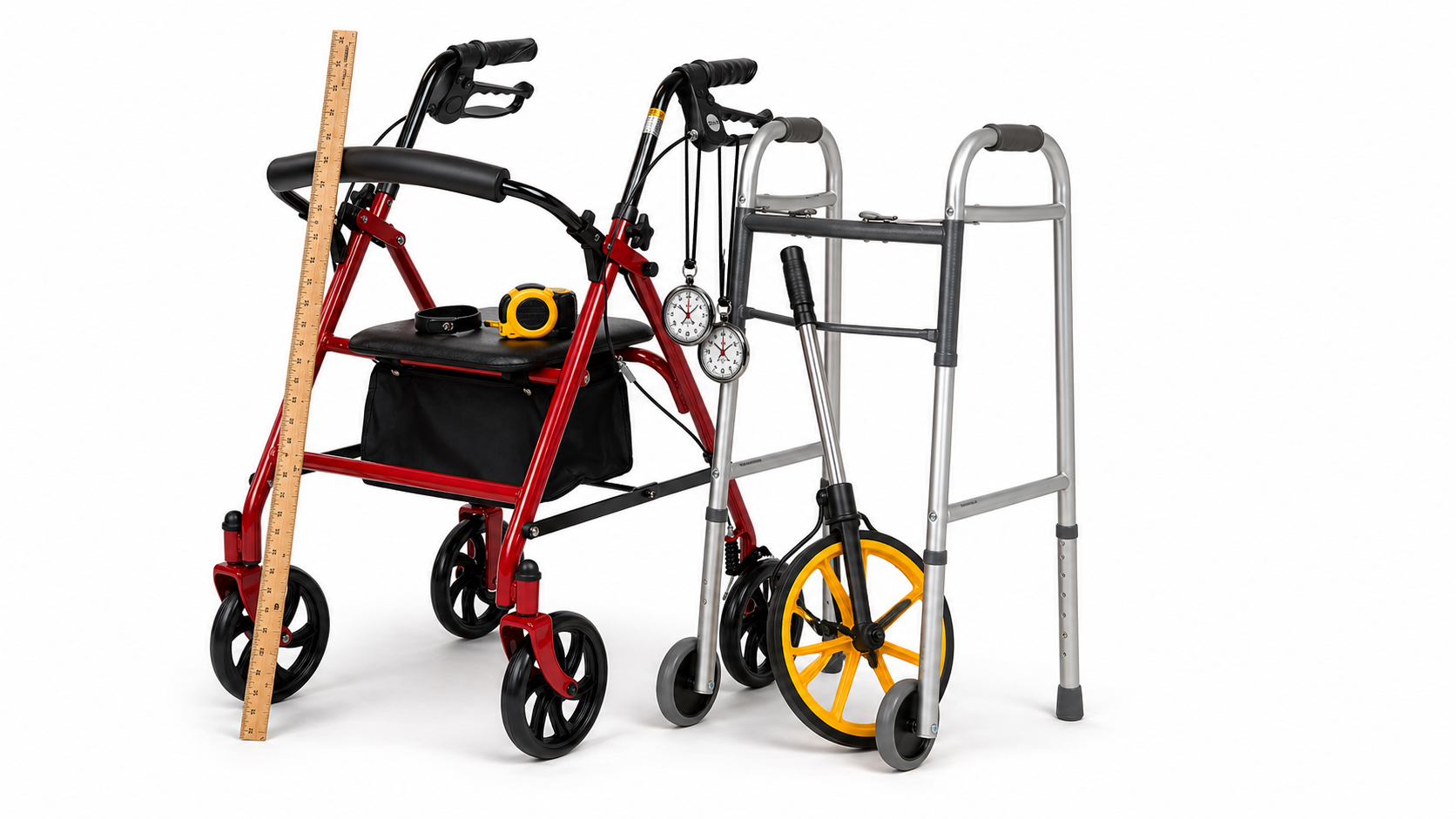 Stack of legacy mobility aids - rollators, tape measures, hanging scales