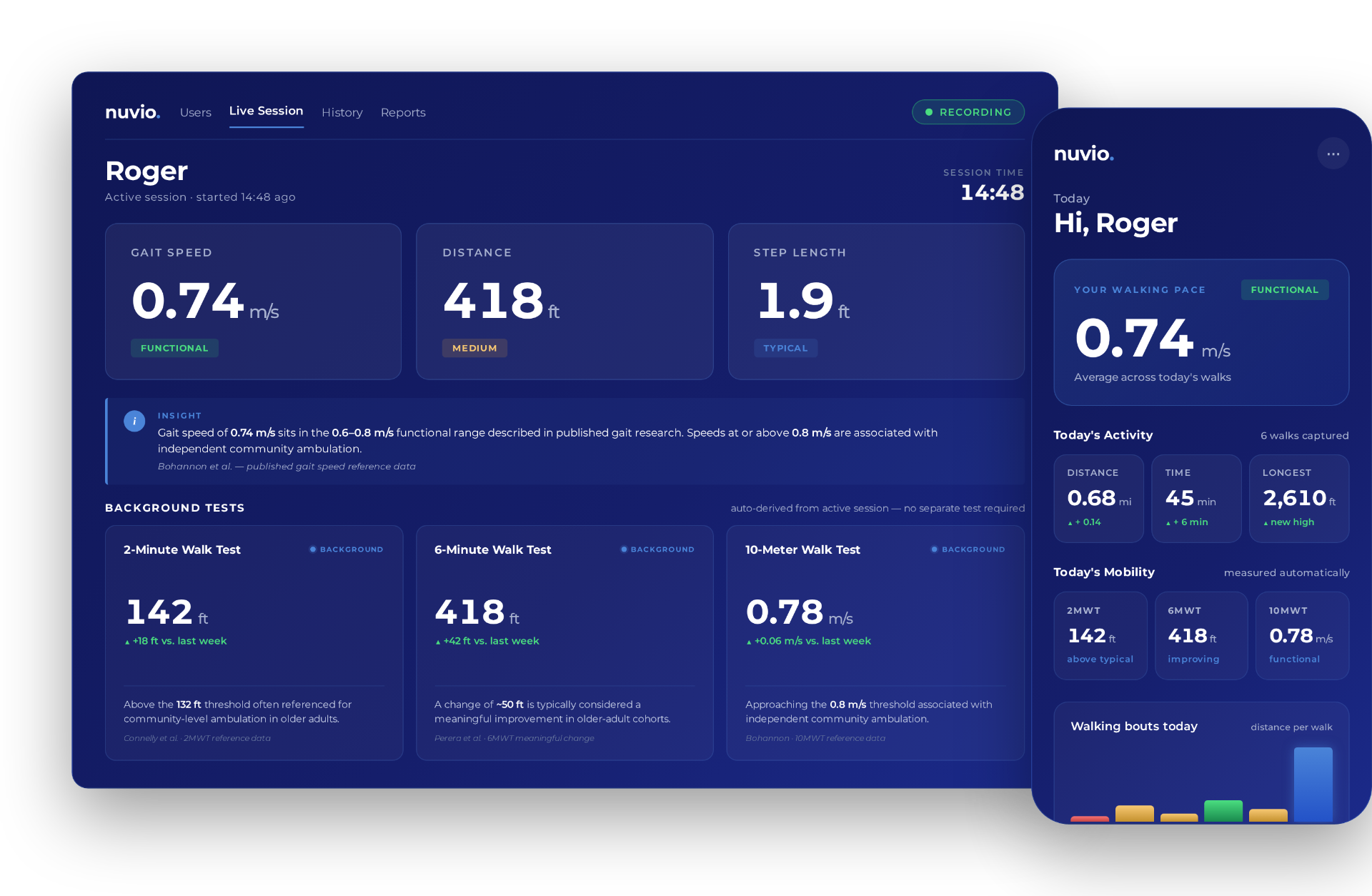 Nuvio clinician dashboard and resident companion app - live session capturing gait speed, distance and step length